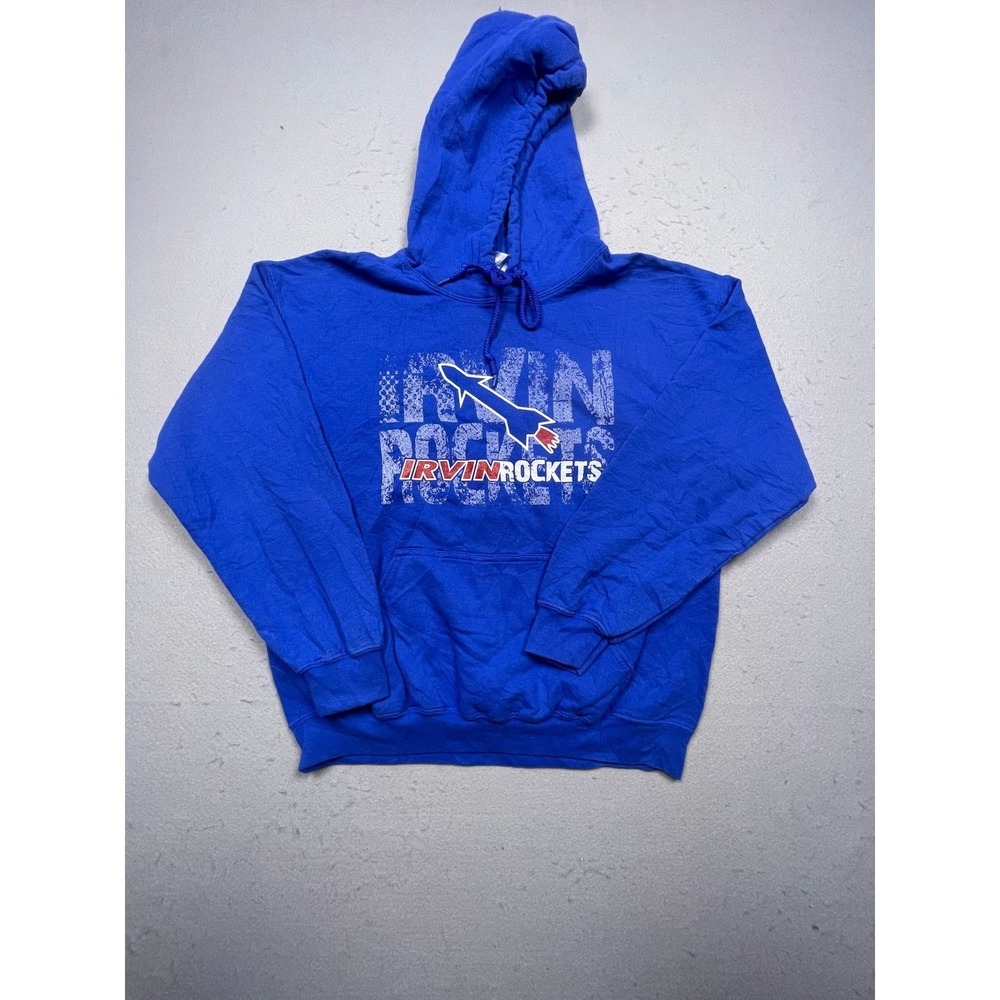 Gildan Heavy Blend Hoodie Mens Medium Blue Irvin Rockets Graphic Excellent